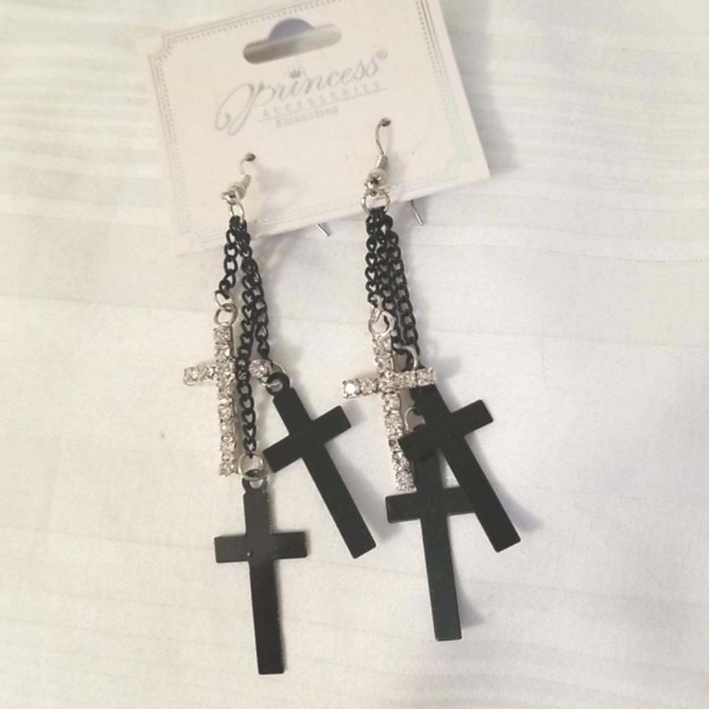 New Black Rhinestone Cross Earrings